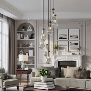 Sunvega Modern Raindrop Cluster Pendant Light with Clear Blown Glass Shade Adjustable Height