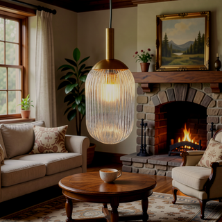 Sunvega Mid-Century Elegant Bronze Ribbed Glass Adjustable Pendant Lamp for Living Room