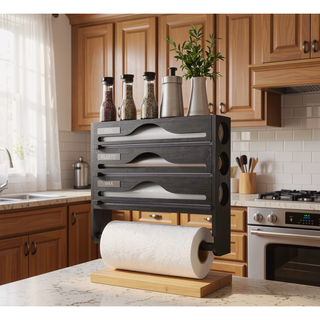 Sunvega 3-Section Bamboo Kitchen Organizer with Paper Towel Holder, Cutter and Storage Rack
