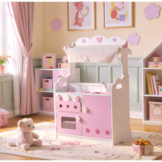 Sunvega Kids 2 In 1 Funnel Pink Pretend Play Kitchen and Market Stall