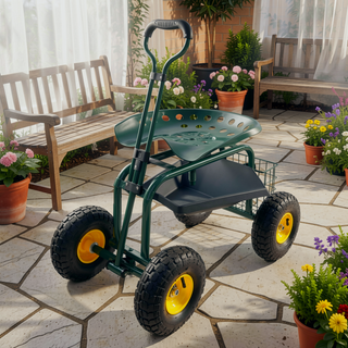 Sunvega 360 Degree Swivel Rolling Garden Trolley Chair with Wheels and Utility Tray