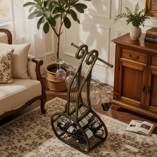 Sunvega Rustic Gold Cello Shape Wine Bakers Rack with Storage for Kitchen and Dining Room