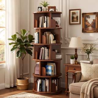 Sunvega 360° Rotating Bookshelf with Wheels and Drawer for Space-Saving Storage