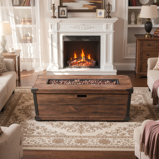 Sunvega 56-Inch Rectangle Rustic Wood Pattern Concrete Gas Fire Pit Table 50,000 BTU
