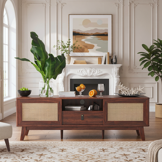 Sunvega Mid Century Modern Rattan TV Stand Media Console with Drawer and Cabinets