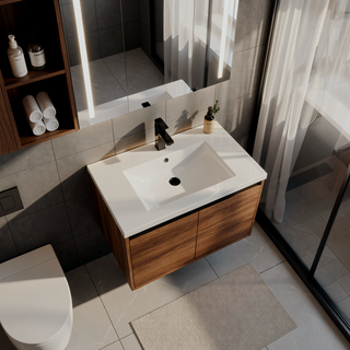 Sunvega 30 Inch Brown Bathroom Vanity with Resin Countertop Sink and 2 Doors