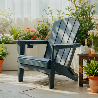 Sunvega Folding Adirondack Chair Set with Wood Texture and Side Table in Navy Blue