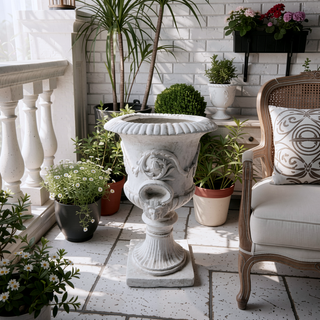 Sunvega Roman Design Concrete Chalice Urn Planter with Botanical Accents for Garden