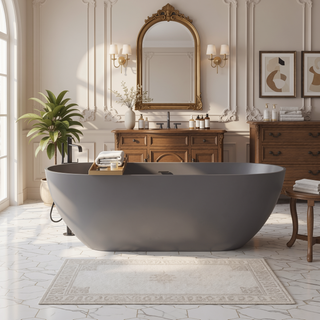 Sunvega Matte Gray 59 Inch Freestanding Stone Resin Bathtub with Overflow Drain