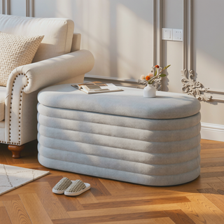 Sunvega Light Grey Upholstered Fabric Storage Ottoman Bench with Safety Hinge
