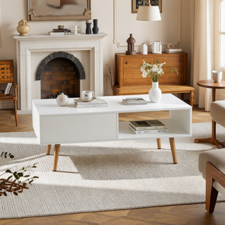 Sunvega Rattan Woven Coffee Table with Sliding Door Storage and Solid Wood Legs