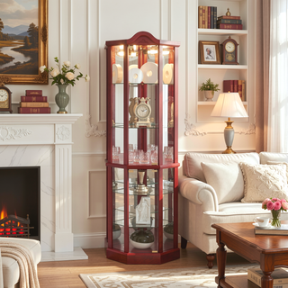 Sunvega Antique Glass Corner Cabinet with Adjustable Shelves and Built-in Light