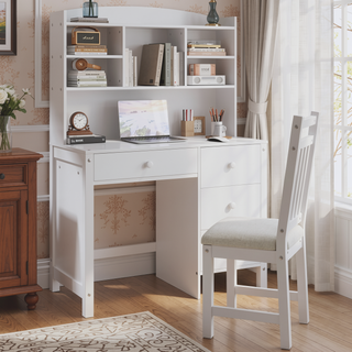 Sunvega Vintage 40 Inch Executive Desk and Upholstered Chair Set with Bookshelf