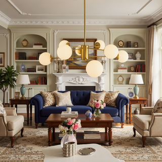 Sunvega Gold Chandelier with White Glass Globe Shades and Mid-Century Branching Design for Dining Room