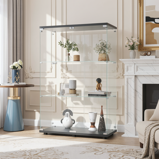 Sunvega Two-Door Glass Display Cabinet with 3 Shelves for Living Room Bedroom Office