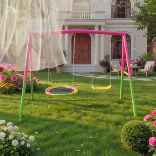 Sunvega Heavy-Duty A-Frame Metal Outdoor Swing Set with Saucer and Belt Swings