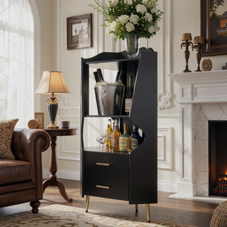 Sunvega Corner Bar Cabinet with Mirrored Back and 2 Drawers for Living Room