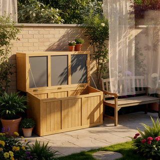 Sunvega 67 Gallon Outdoor Wooden Deck Box with Seat and Table Top