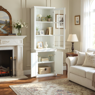 Sunvega Freestanding Farmhouse Pantry Cabinet with Tempered Glass Door and Lattice Window