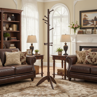 Sunvega Dark Brown Finish 7 Tiers 11 Hooks Solid Wood Coat Rack Stand