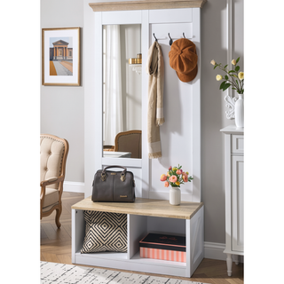 Sunvega Light Oak and White Finish Hall Tree with Mirror and Bench Storage Compartments