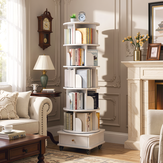 Sunvega 360° Rotating Bookshelf with Wheels and Drawer for Space-Saving Storage