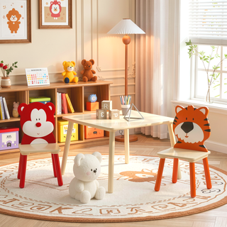 Sunvega Kids Table and 2 Chairs Set Wooden Activity Play Table with Bear and Tiger Design