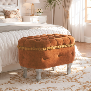 Sunvega Orange Upholstered Button-Tufted Storage Ottoman Bench with Fringe for Bedroom