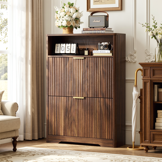Sunvega Tall Modern Minimalist Shoe Cabinet with Two Flip Drawers and Wave-Patterned Panel