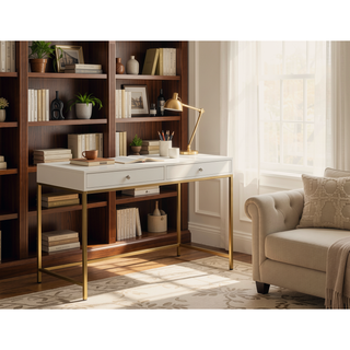 Sunvega White High Gloss Gold Finish Contemporary Vanity Desk with 2 Storage Drawers