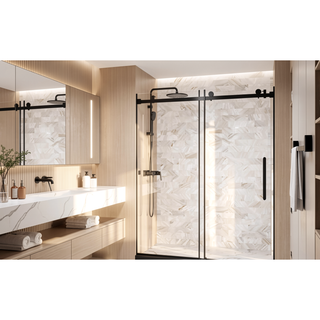 Sunvega Frameless Single Sliding Shower Door with Clear Tempered Glass and Matte Black Finish