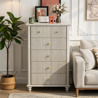 Sunvega Fluted 5 Drawer Dresser with Metal Handle and Wooden Top for Bedroom