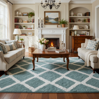 Sunvega Reversible High Pile Tufted Microfiber Bath Rug with Geometric Square and Stripes