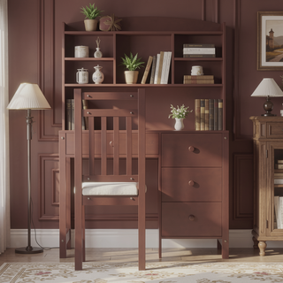 Sunvega Vintage 40 Inch Executive Desk and Upholstered Chair Set with Bookshelf
