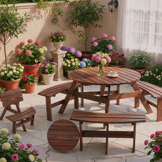 Sunvega Fir Wood Picnic Table with 2 Benches 75 Inch Dining Surface 2220lb Capacity