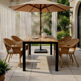 Sunvega Teak Finished Acacia Wood Outdoor Dining Table with Black Iron Legs