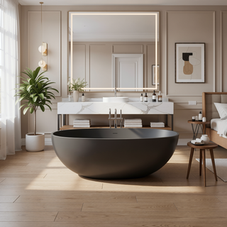 Sunvega Freestanding Matte White Solid Surface Soaking Bathtub for Small Bathrooms