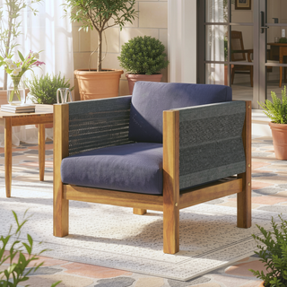Sunvega Modern Acacia Wood Rattan Loveseat Set with Water-Resistant Cushions