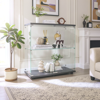 Sunvega Two-Door Glass Display Cabinet with 2 Shelves for Living Room Bedroom Office