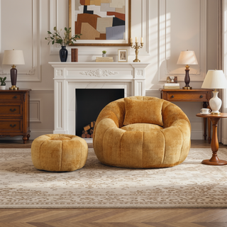 Sunvega Modern Pumpkin Shape Bean Bag Chair with Ottoman for Living Room