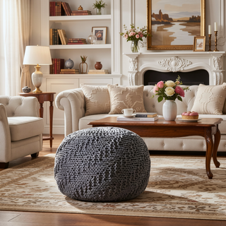 Sunvega Handmade Knit Weave Round Pouf from Recycled PET Yarn for Indoor Outdoor