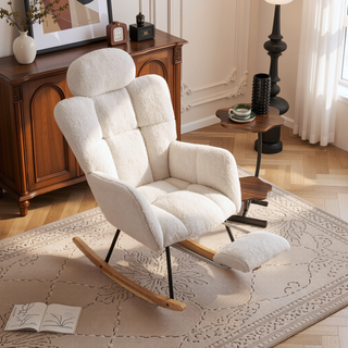Sunvega Teddy Fabric Rocking Chair with Adjustable Footrest for Living Room