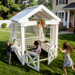 Sunvega Outdoor Wooden Playhouse for Children with Bench and Doors for Fun Play