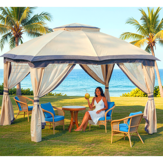 Sunvega Outdoor Canopy Gazebo with Mesh Walls and Double-Tier Roof for Patio