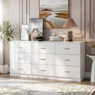 Sunvega Modern Black 9-Drawer Dresser with Golden Handles for Bedroom Storage