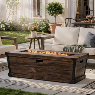 Sunvega 56-Inch Rectangle Rustic Wood Pattern Concrete Gas Fire Pit Table 50,000 BTU