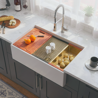 Sunvega 33 Inch White Porcelain Ceramic Farmhouse Kitchen Sink Workstation with Reversible Apron