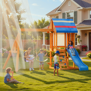 Sunvega Outdoor Wooden Swing Set with Slide, 2 Swings, and Rock Wall Climber