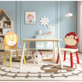 Sunvega Kids Table and 2 Chairs Set Wooden Activity Play Table with Bear and Tiger Design