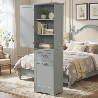 Sunvega Tall Freestanding Bathroom Storage Cabinet with Two Drawers and Adjustable Shelf